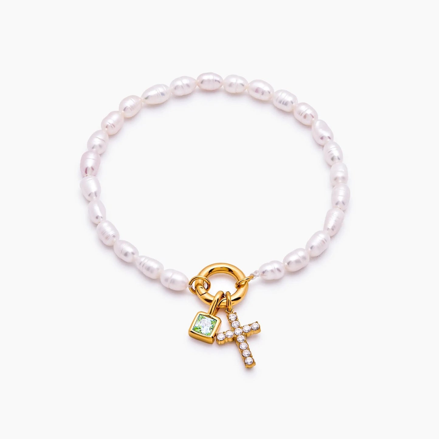 pearl-birthstone-cross-charm-bracelet — Gold / Aug-Peridot