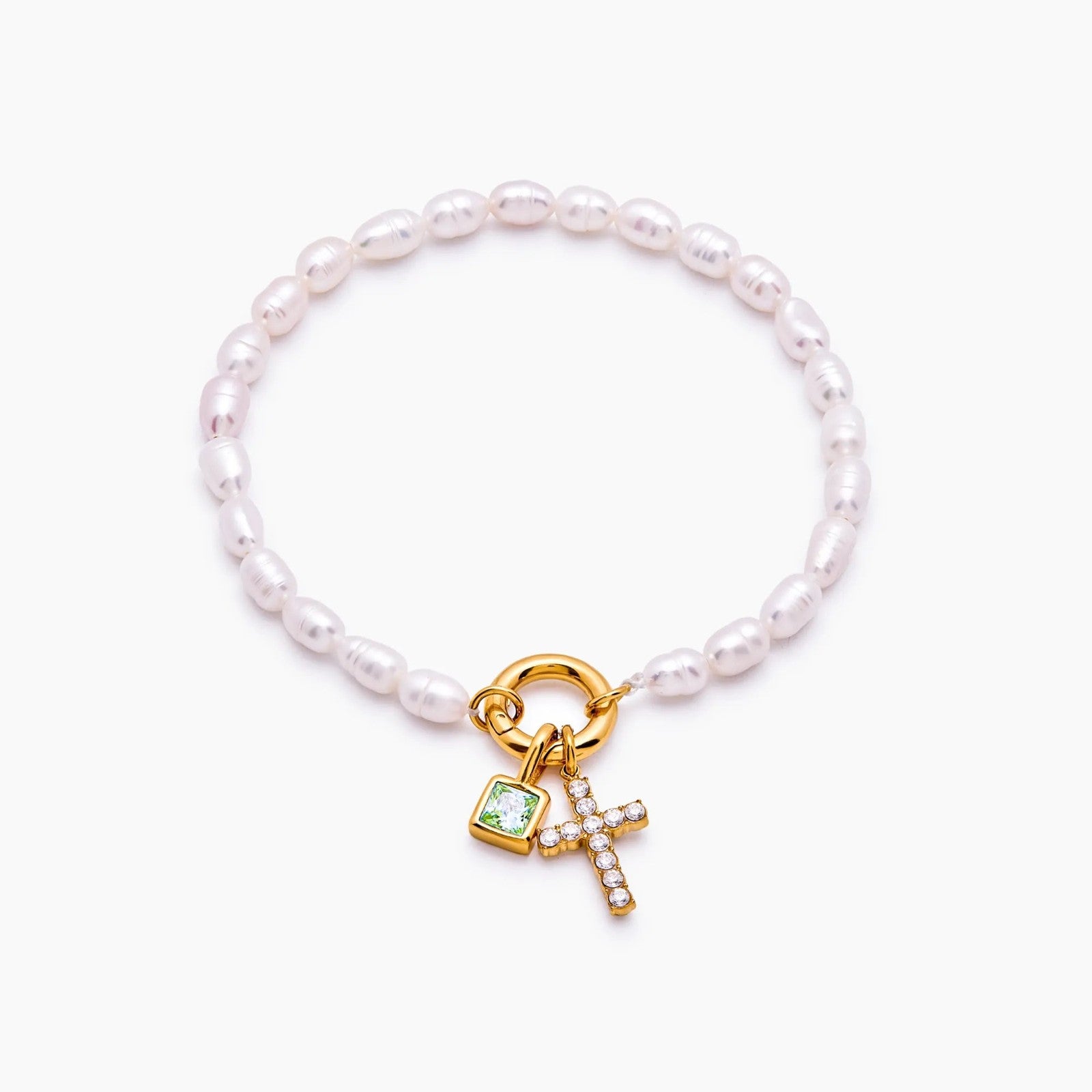 pearl-birthstone-cross-charm-bracelet — Gold / Aug-Peridot