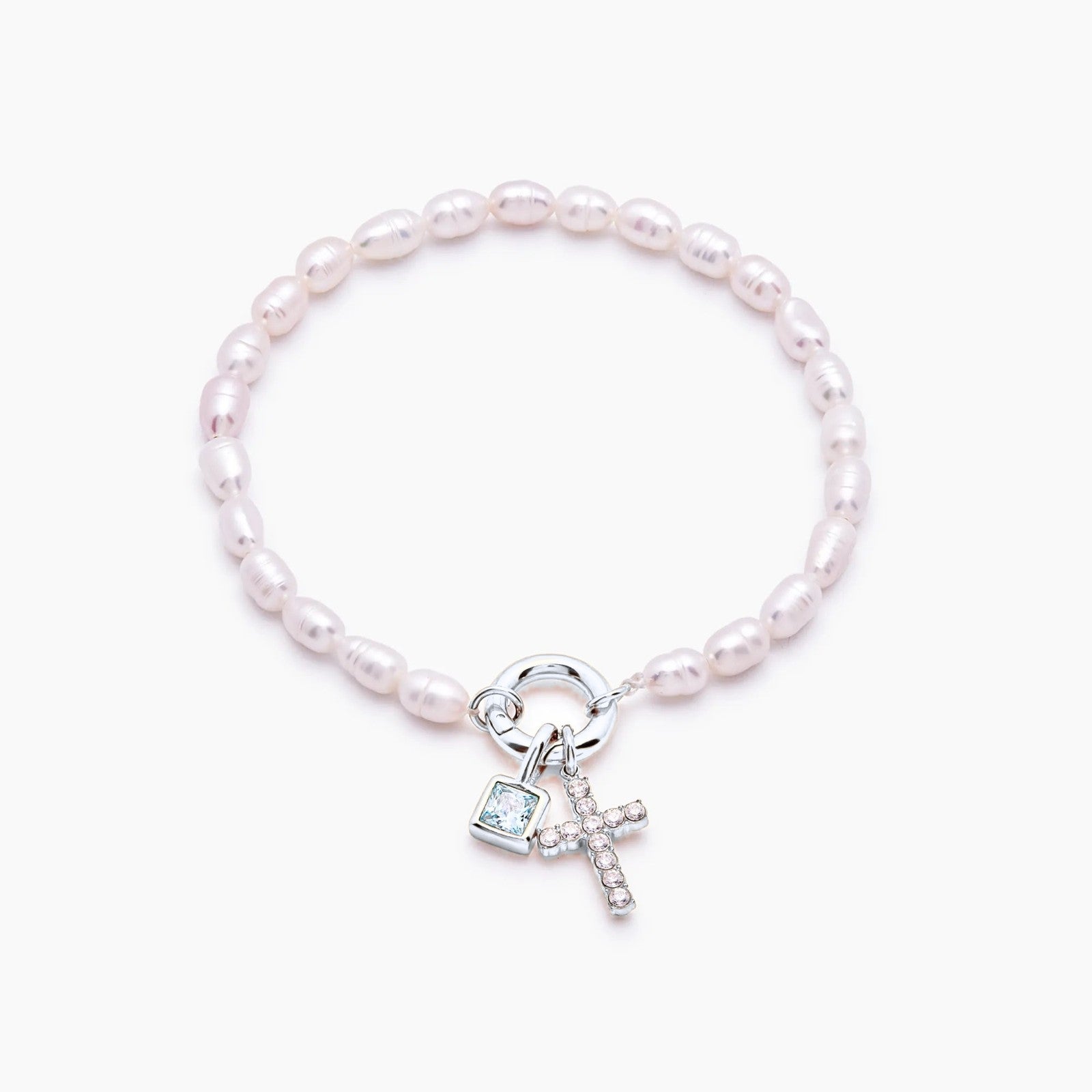 pearl-birthstone-cross-charm-bracelet — Silver / Apr-Diamond