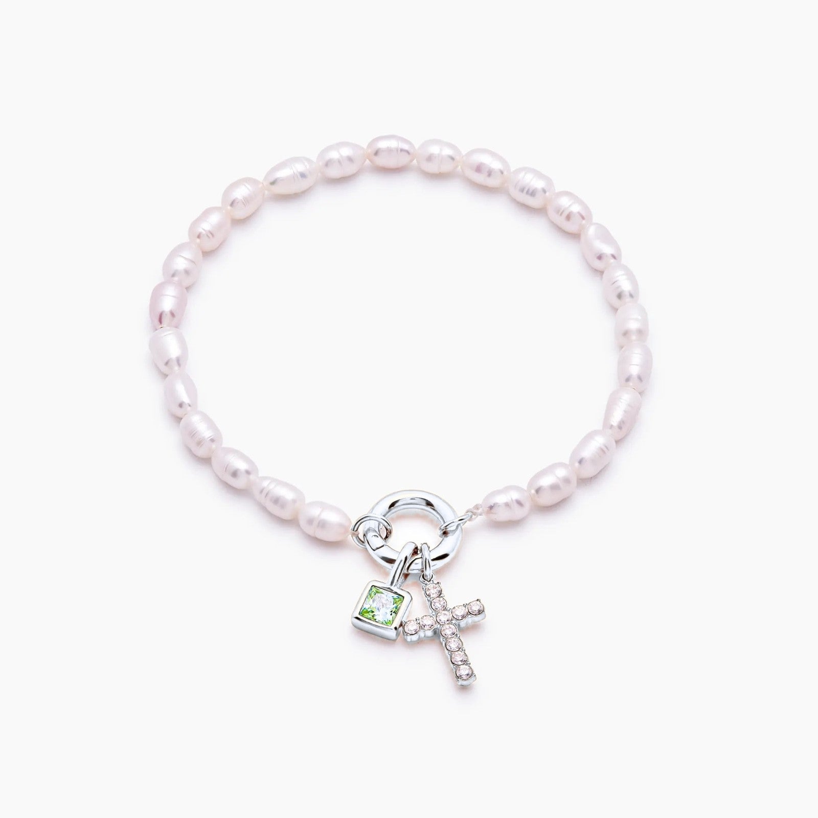 pearl-birthstone-cross-charm-bracelet — Silver / Aug-Peridot