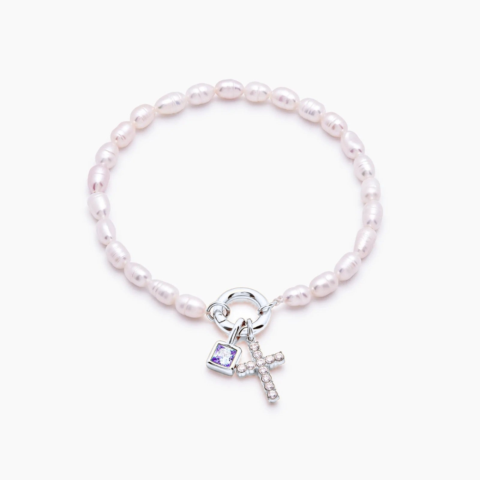 pearl-birthstone-cross-charm-bracelet — Silver / Feb-Amethyst