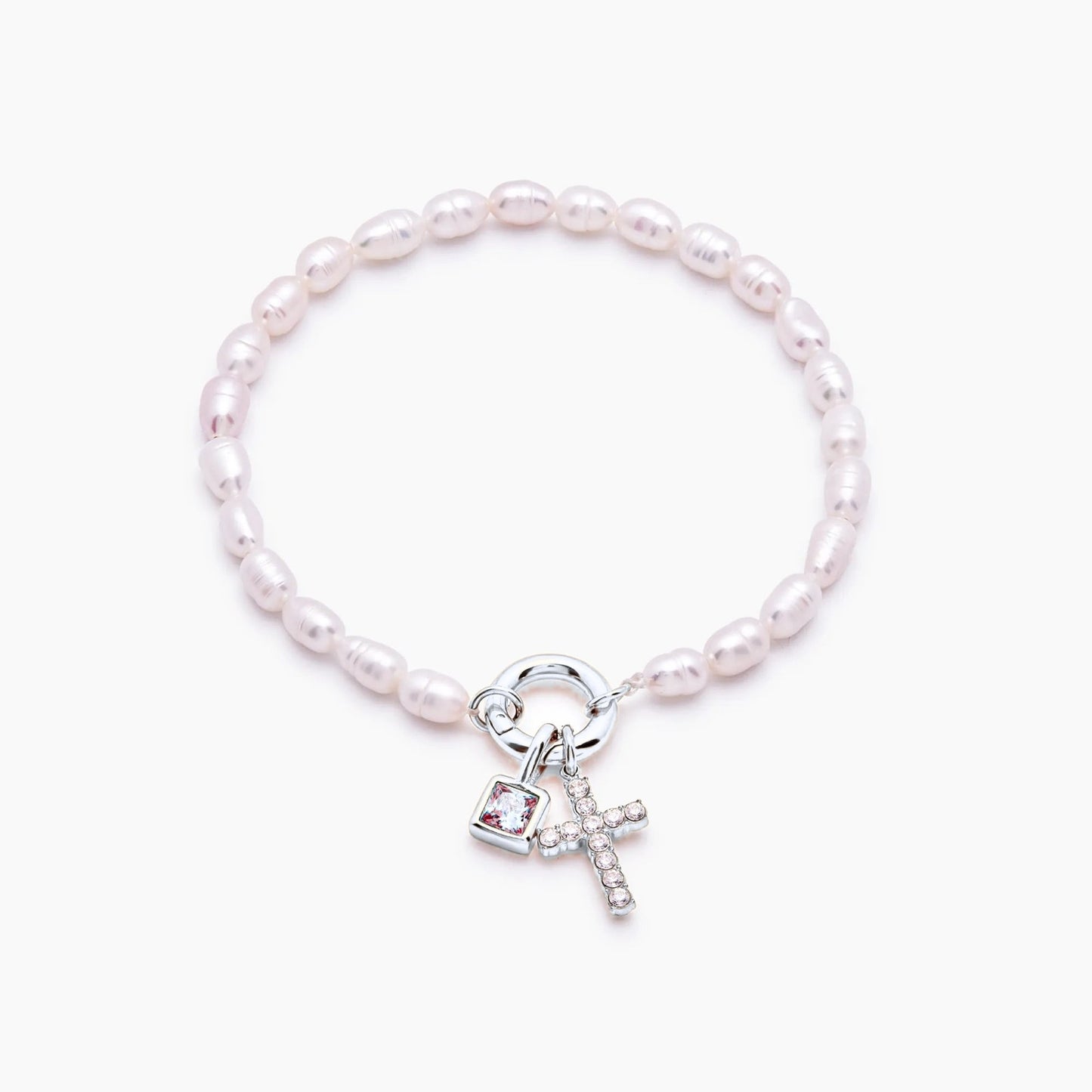 pearl-birthstone-cross-charm-bracelet — Silver / Jan-Garnet