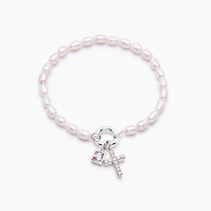 pearl-birthstone-cross-charm-bracelet — Silver / Jul-Ruby