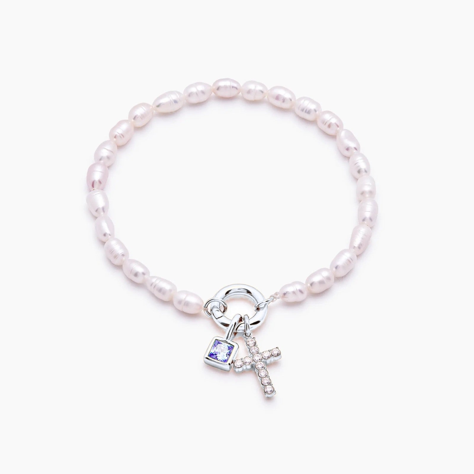 pearl-birthstone-cross-charm-bracelet — Silver / Jun-Alexandrite
