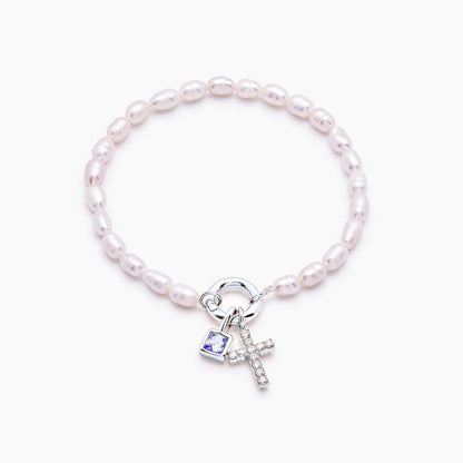 pearl-birthstone-cross-charm-bracelet — Silver / Jun-Alexandrite