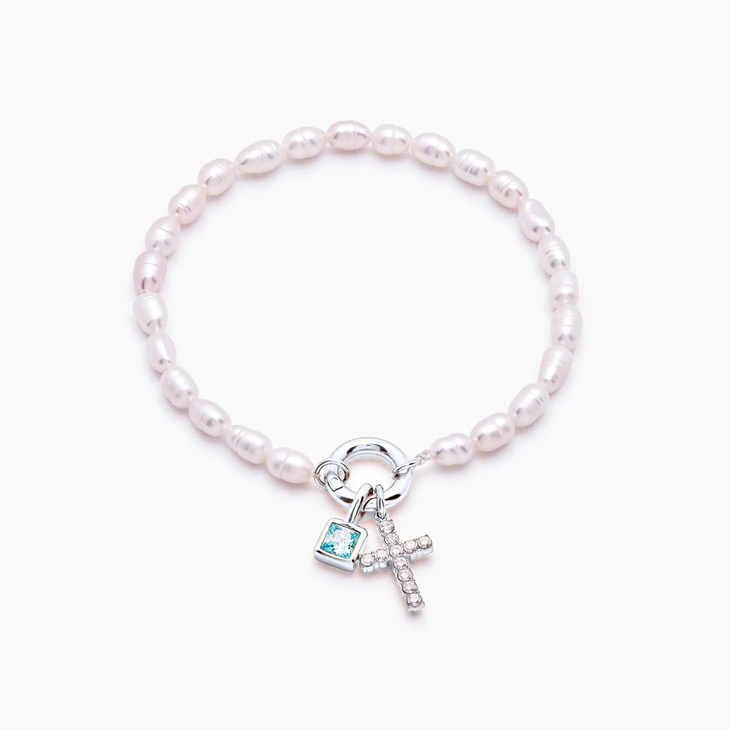 pearl-birthstone-cross-charm-bracelet — Silver / Mar-Aquamarine