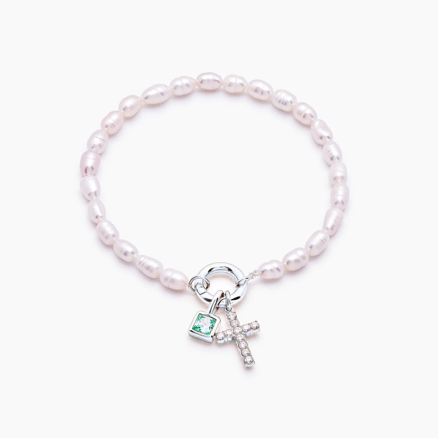 pearl-birthstone-cross-charm-bracelet — Silver / May-Emerald