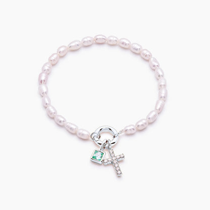 pearl-birthstone-cross-charm-bracelet — Silver / May-Emerald
