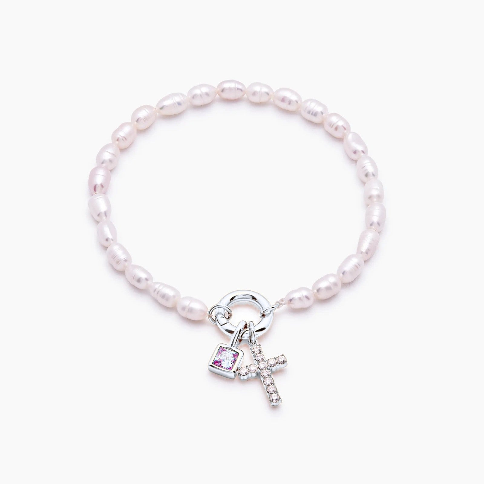 pearl-birthstone-cross-charm-bracelet — Silver / Oct-Pink Tourmaline