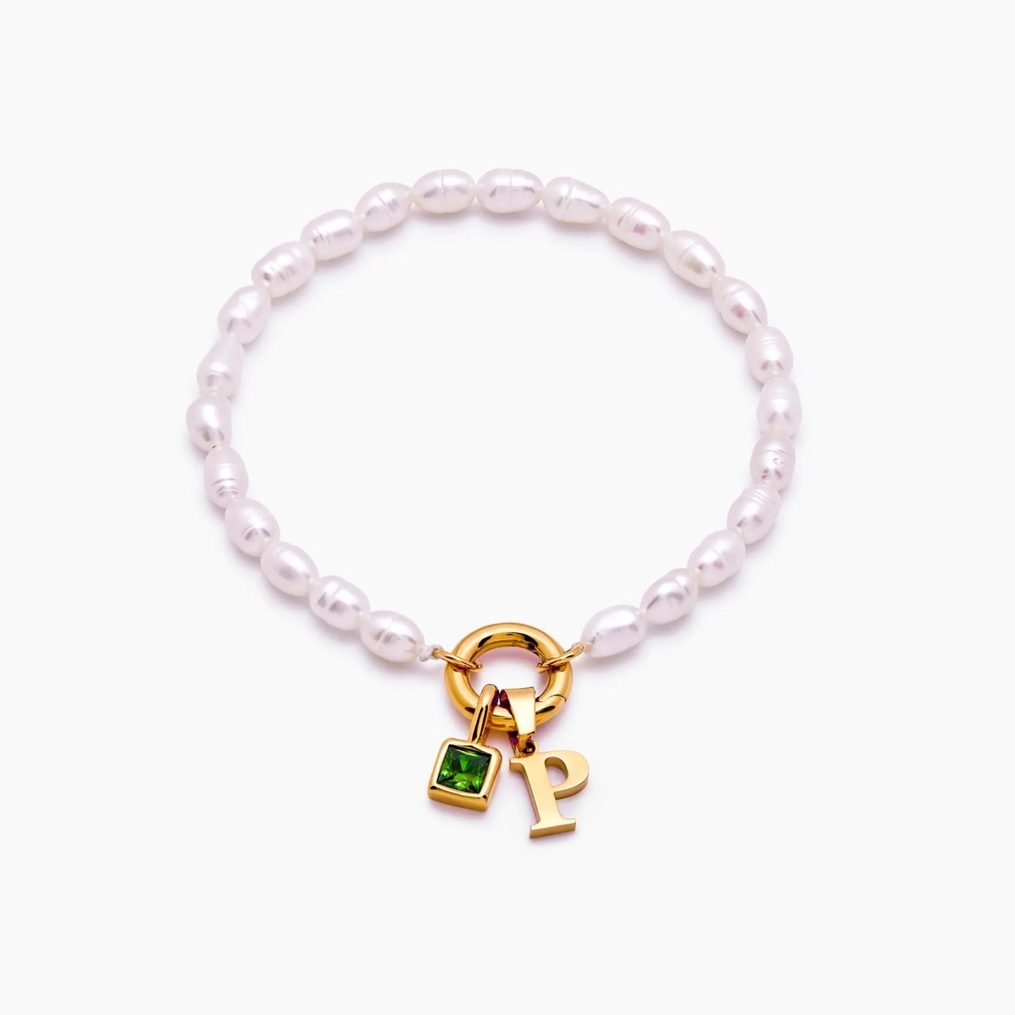 pearl-initial-birthstone-bracelet — Gold / Aug-Peridot