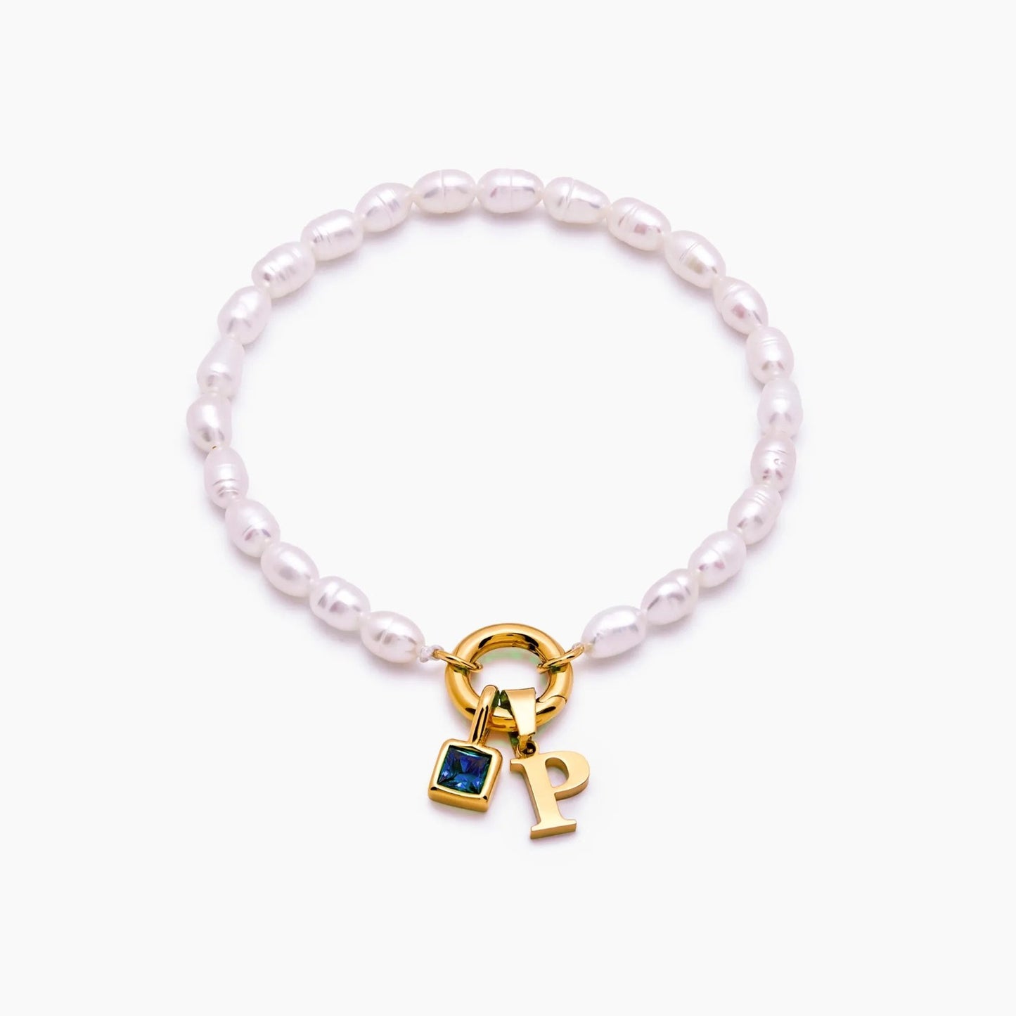 pearl-initial-birthstone-bracelet — Gold / Dec-Blue Topaz