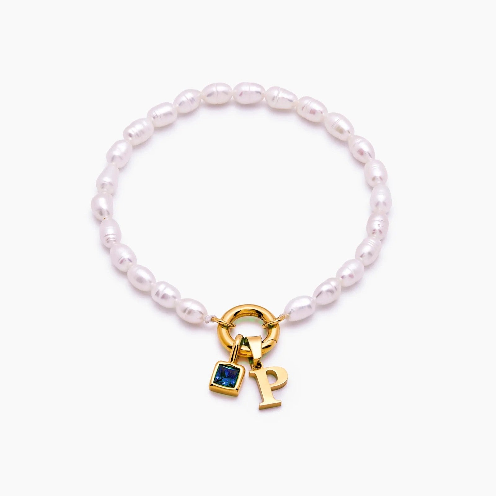pearl-initial-birthstone-bracelet — Gold / Dec-Blue Topaz