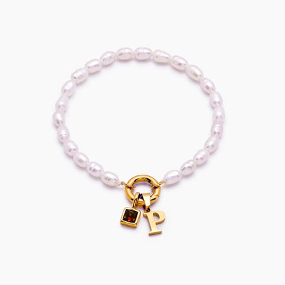 pearl-initial-birthstone-bracelet — Gold / Jan-Garnet