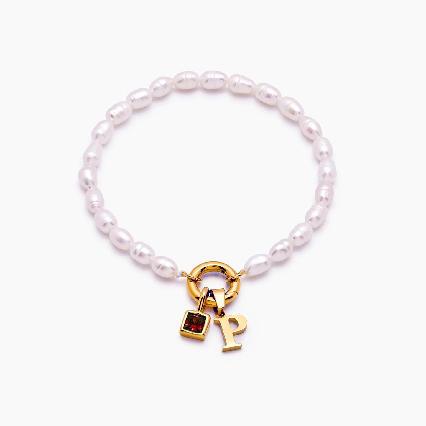 pearl-initial-birthstone-bracelet — Gold / Jul-Ruby