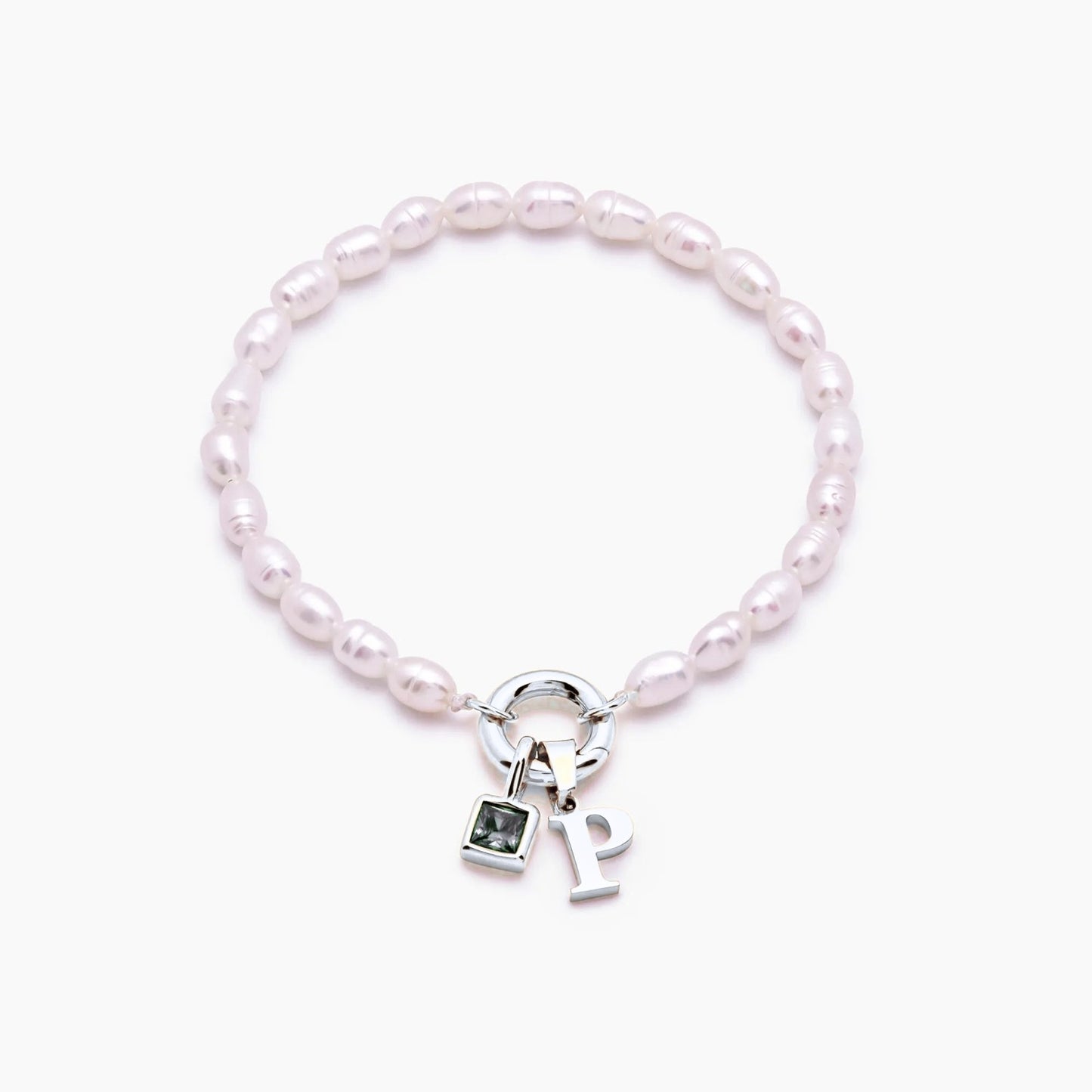 pearl-initial-birthstone-bracelet — Silver / Apr-Diamond