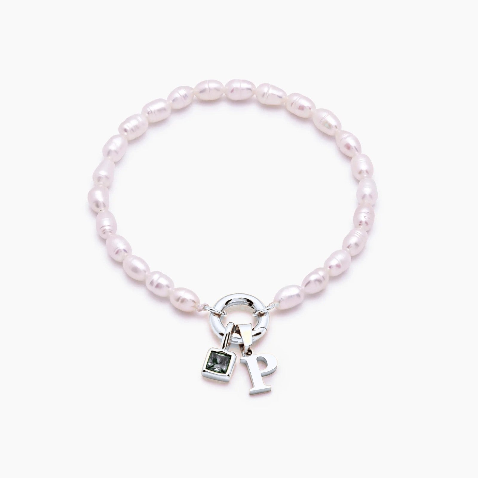 pearl-initial-birthstone-bracelet — Silver / Apr-Diamond