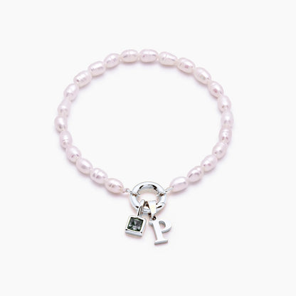 pearl-initial-birthstone-bracelet — Silver / Apr-Diamond