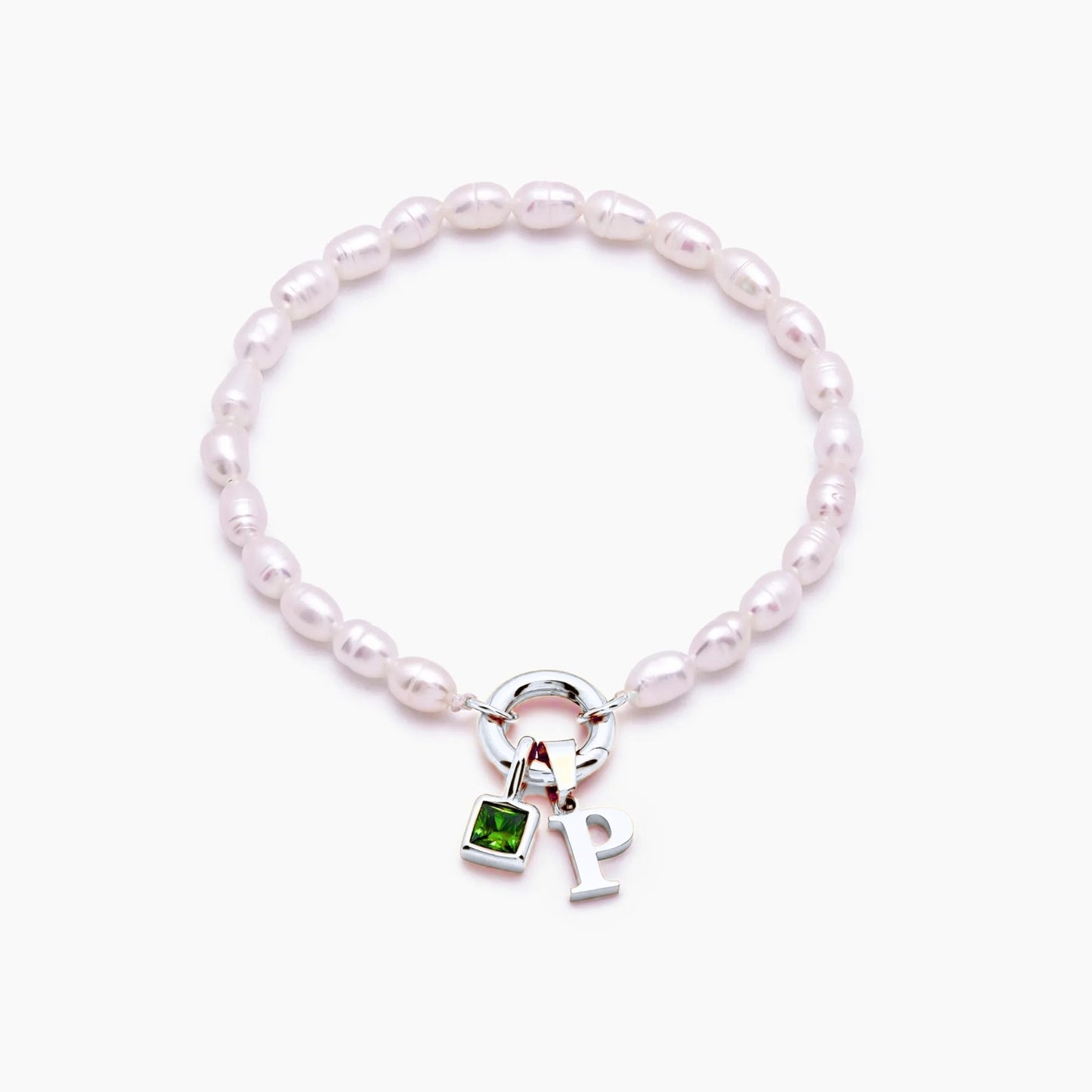 pearl-initial-birthstone-bracelet — Silver / Aug-Peridot