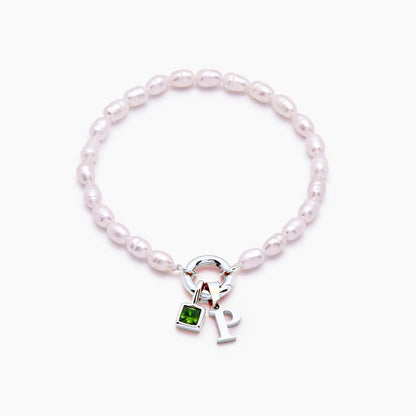 pearl-initial-birthstone-bracelet — Silver / Aug-Peridot