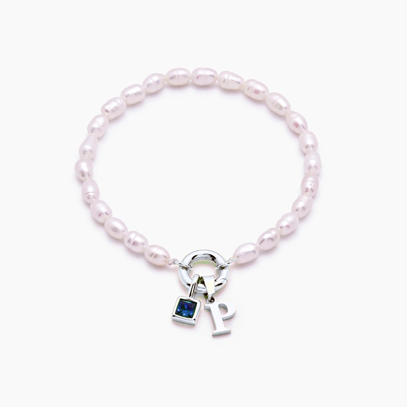 pearl-initial-birthstone-bracelet — Silver / Dec-Blue Topaz