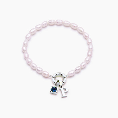 pearl-initial-birthstone-bracelet — Silver / Dec-Blue Topaz