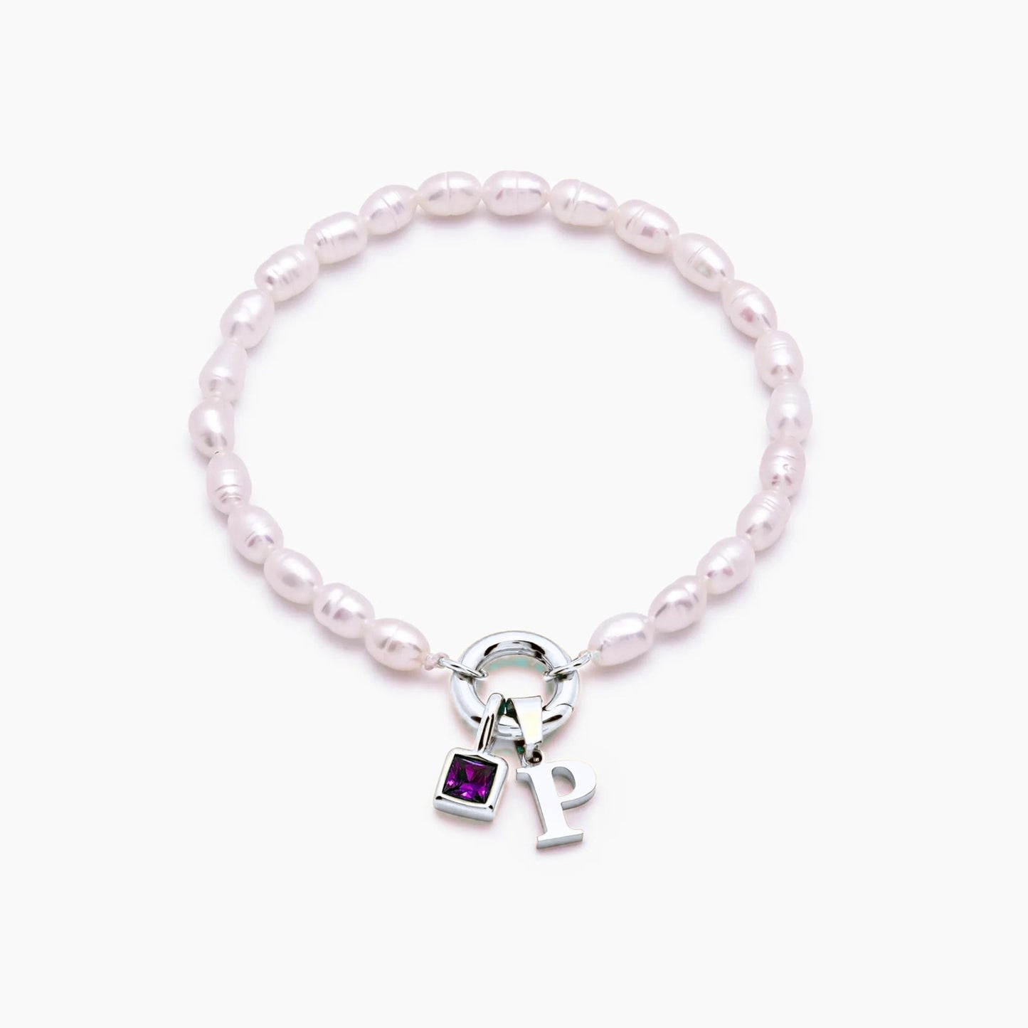 pearl-initial-birthstone-bracelet — Silver / Feb-Amethyst