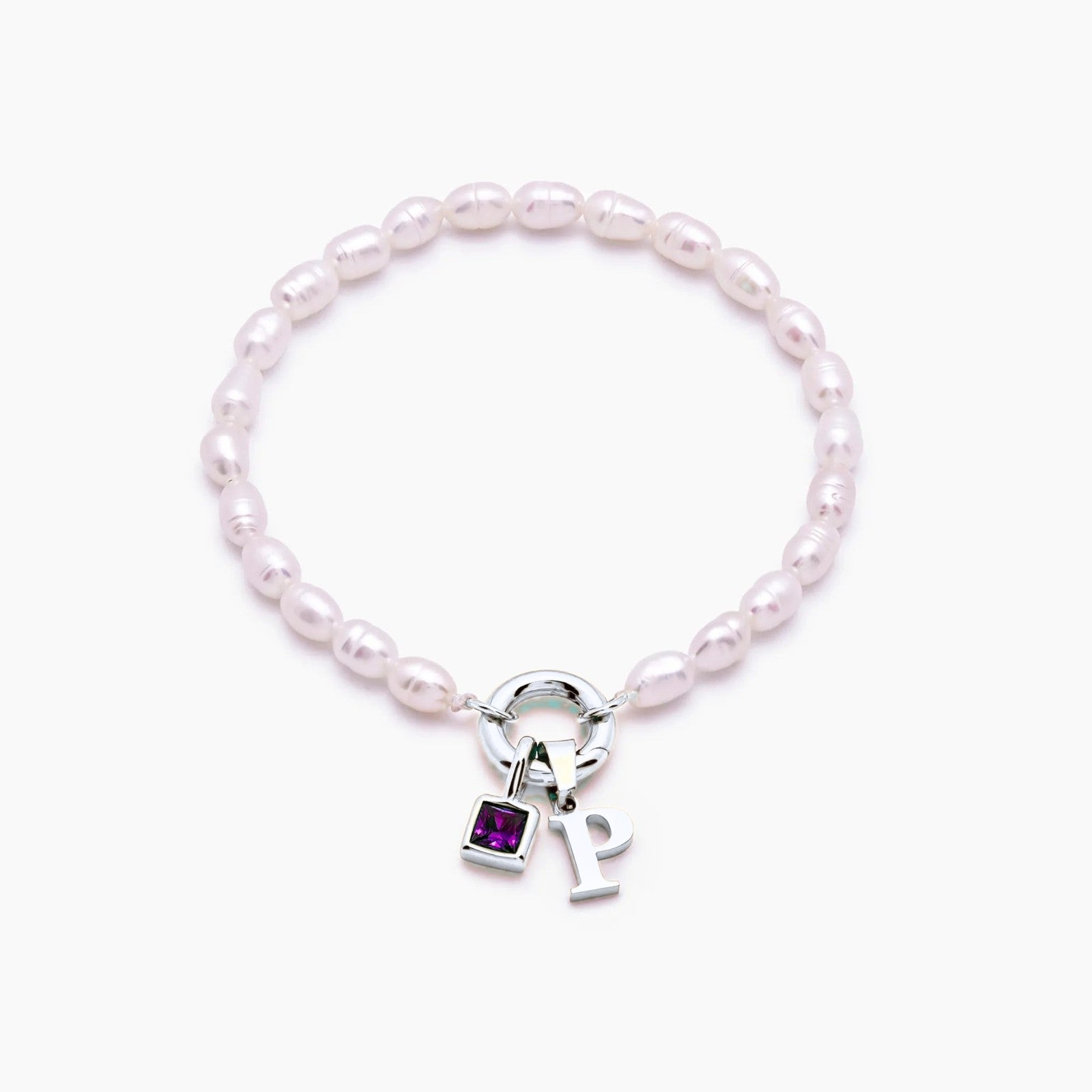 pearl-initial-birthstone-bracelet — Silver / Feb-Amethyst