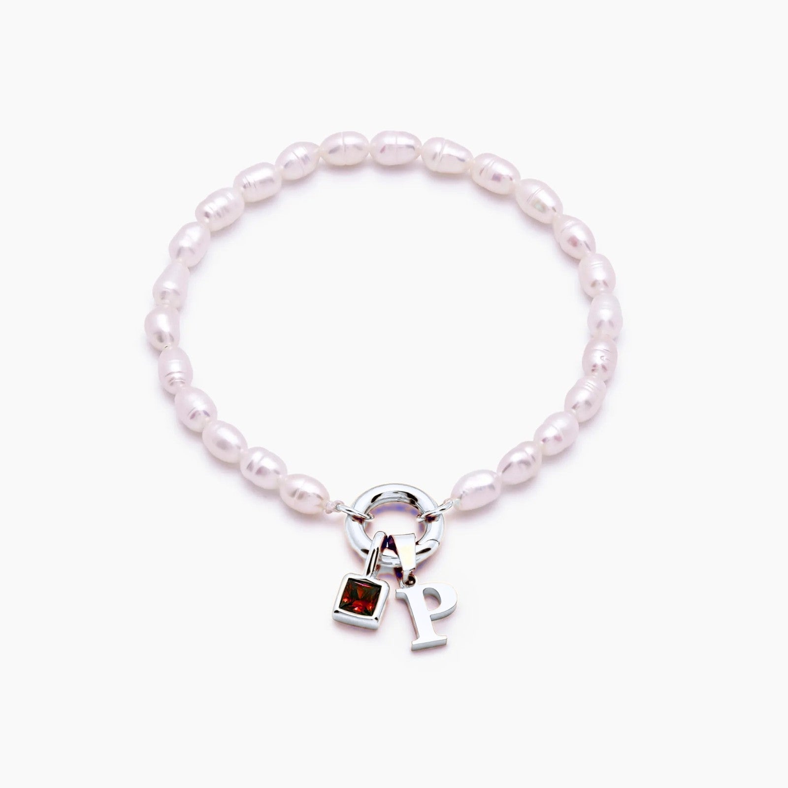 pearl-initial-birthstone-bracelet — Silver / Jul-Ruby