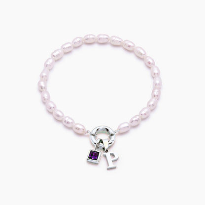 pearl-initial-birthstone-bracelet — Silver / Jun-Alexandrite