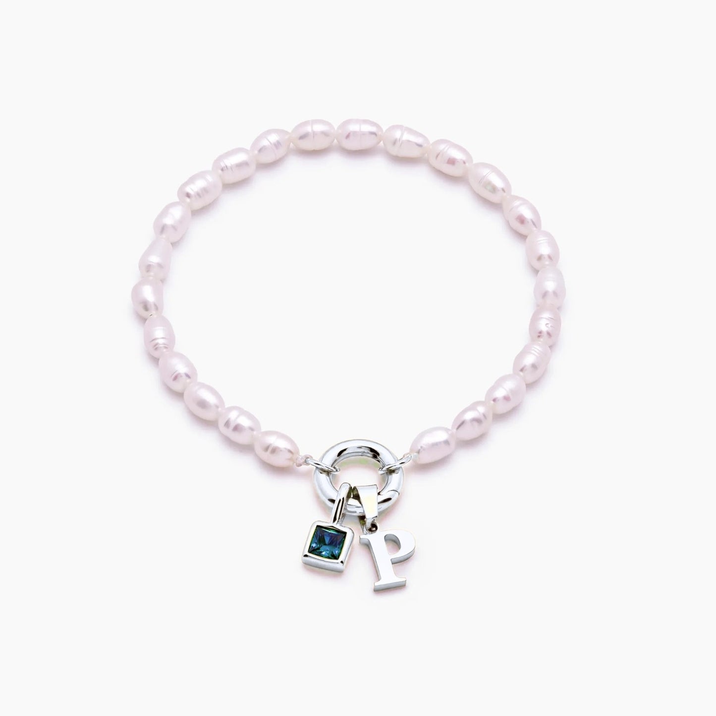 pearl-initial-birthstone-bracelet — Silver / Mar-Aquamarine
