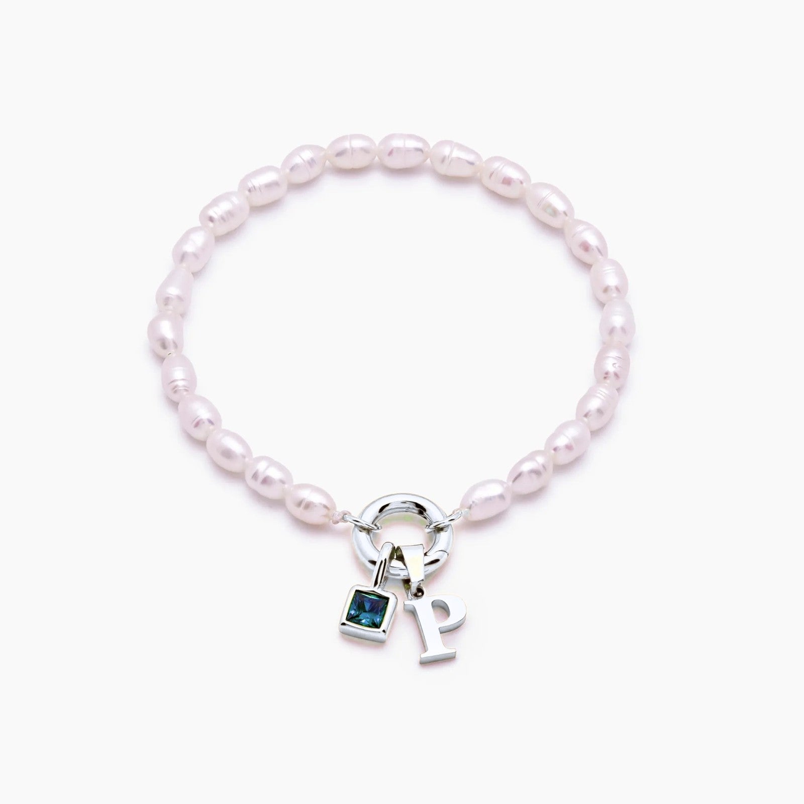 pearl-initial-birthstone-bracelet — Silver / Mar-Aquamarine
