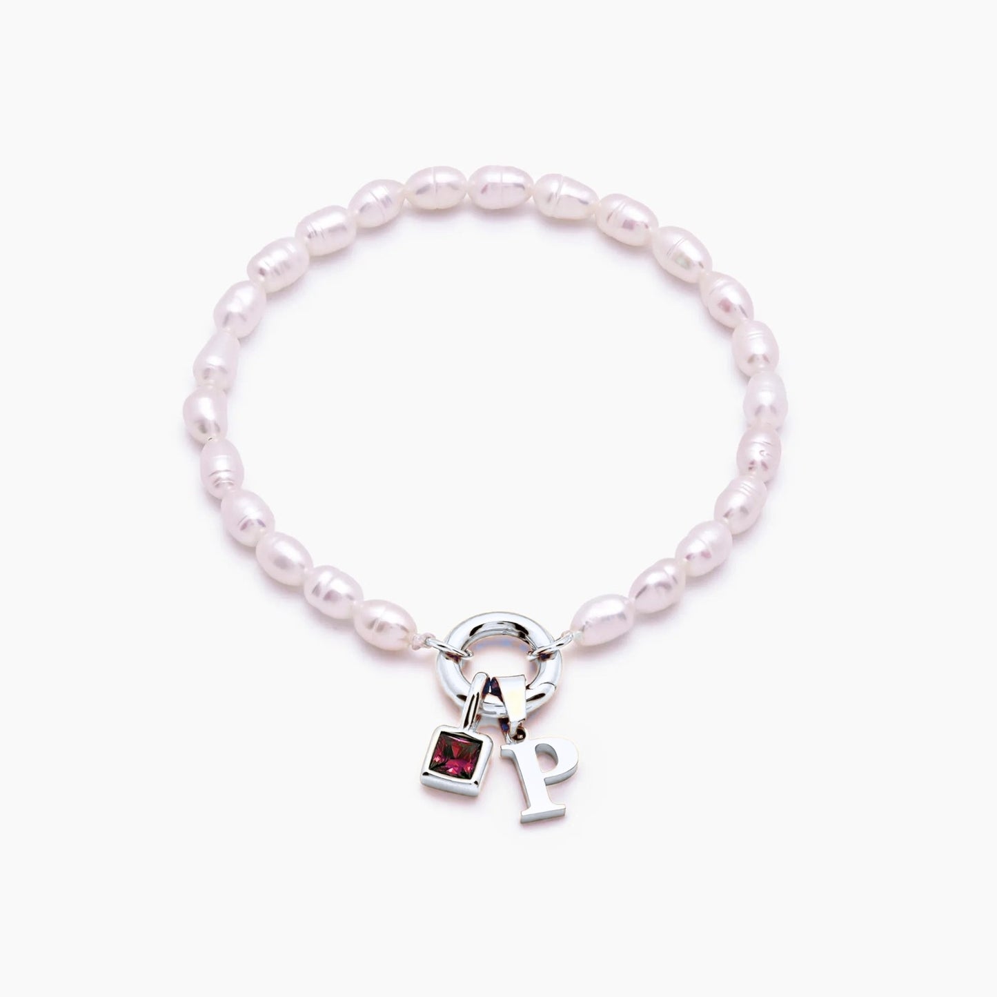 pearl-initial-birthstone-bracelet — Silver / Oct-Pink Tourmaline