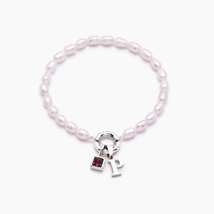 pearl-initial-birthstone-bracelet — Silver / Oct-Pink Tourmaline