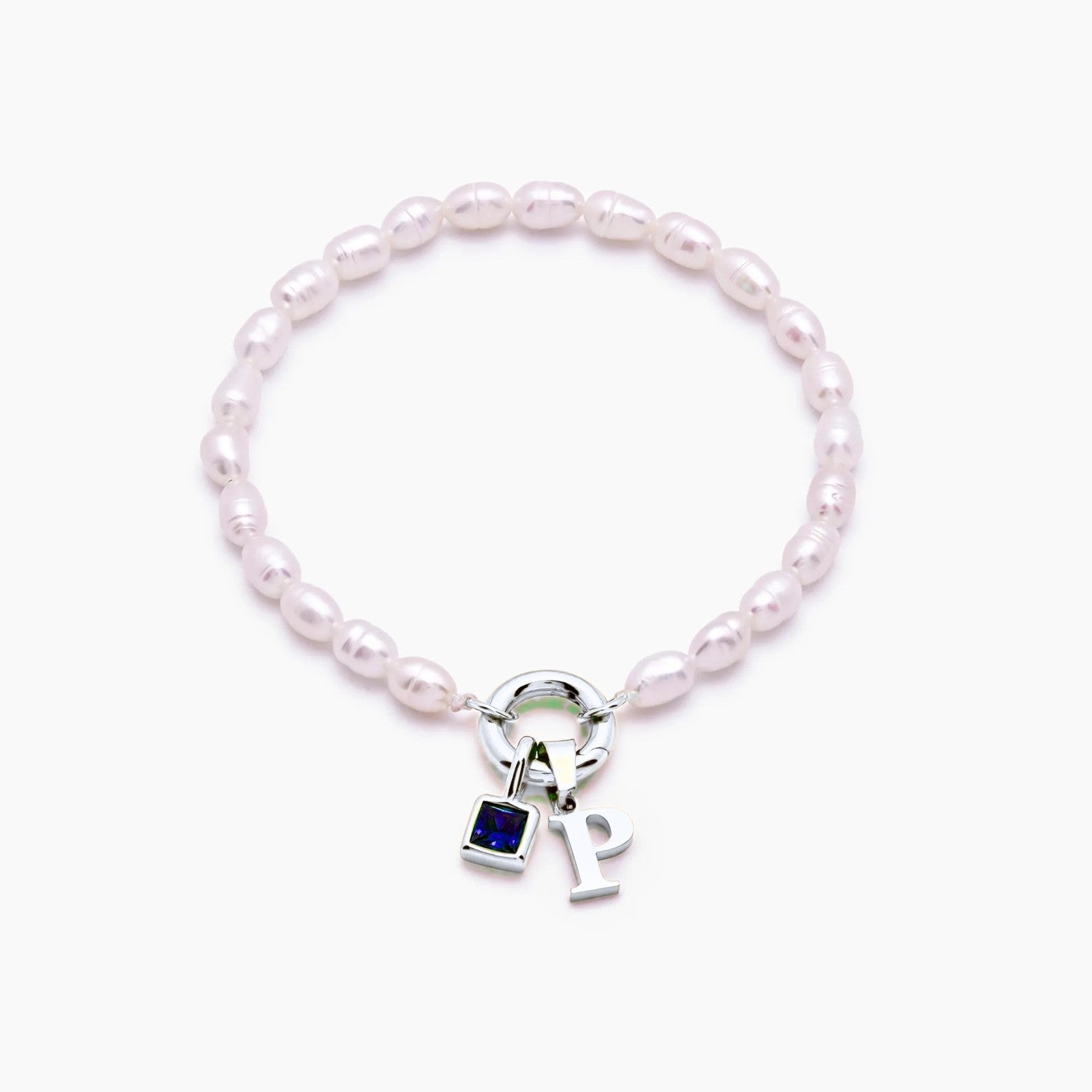 pearl-initial-birthstone-bracelet — Silver / Sep-Sapphire