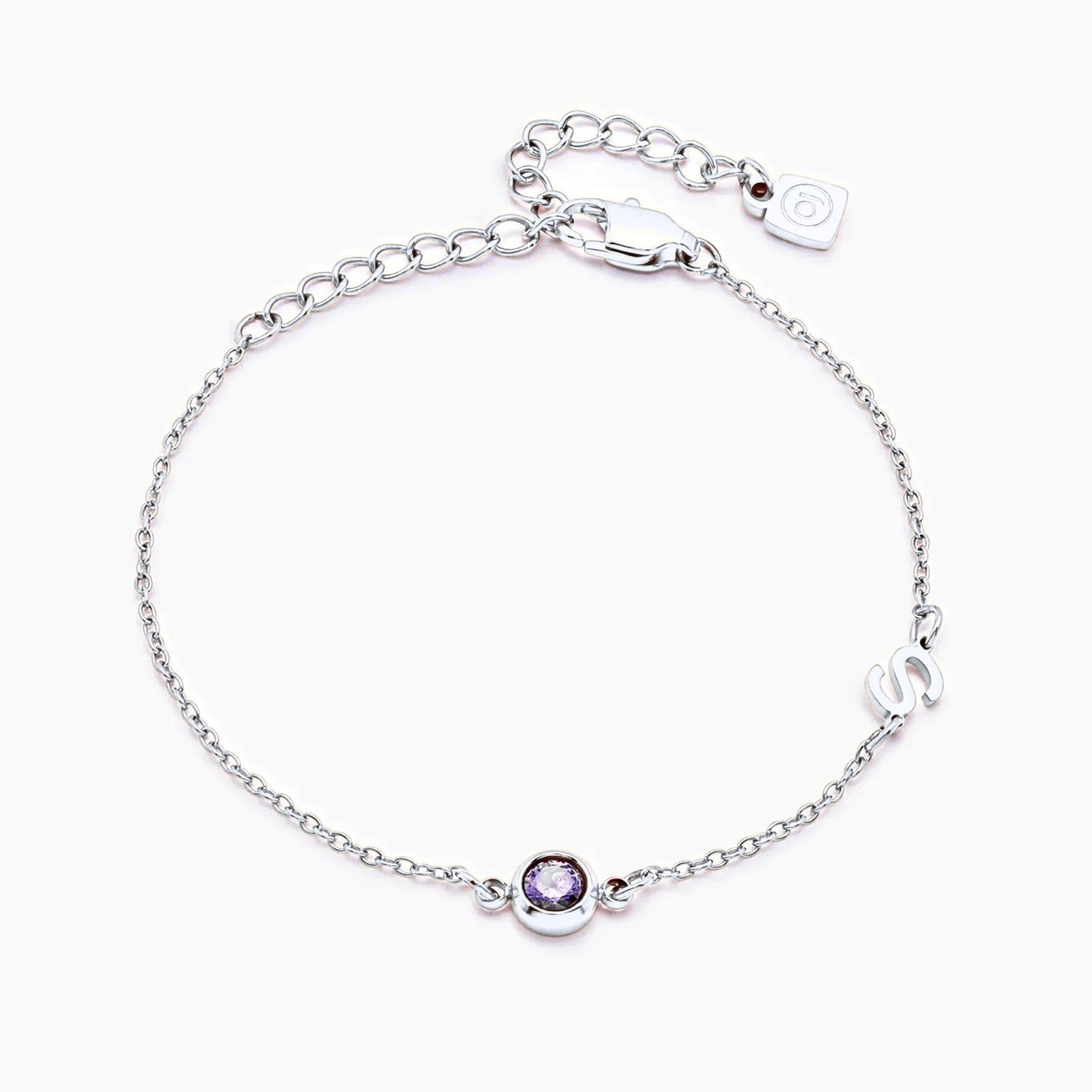 side-set-initial-birthstone-bracelet — Silver / Apr-Diamond