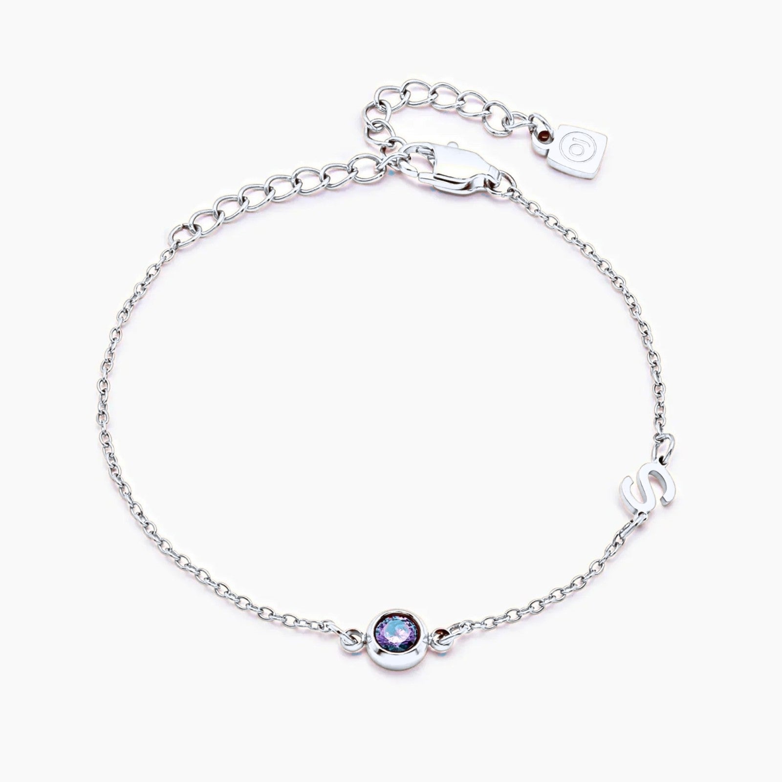 side-set-initial-birthstone-bracelet — Silver / Dec-Blue Topaz