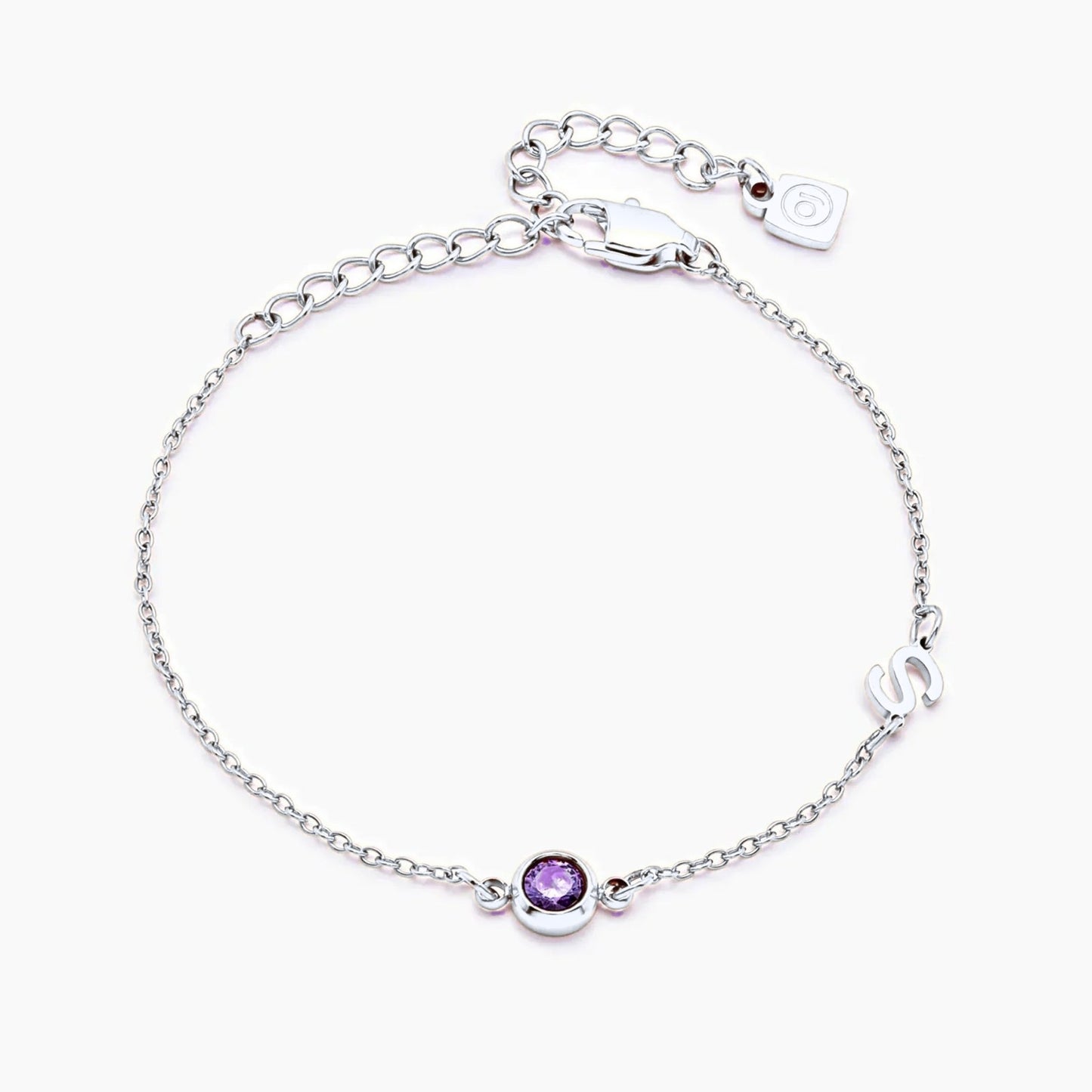 side-set-initial-birthstone-bracelet — Silver / Feb-Amethyst