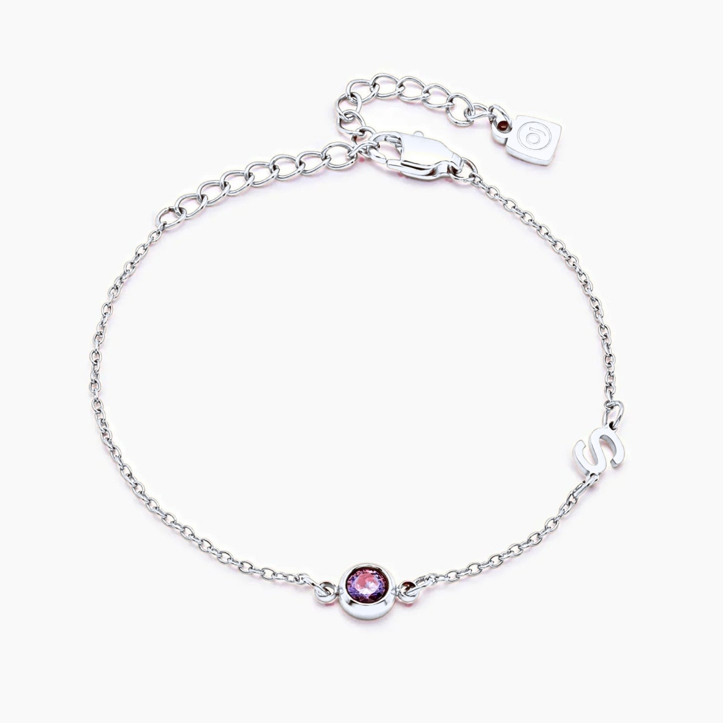side-set-initial-birthstone-bracelet — Silver / Jul-Ruby