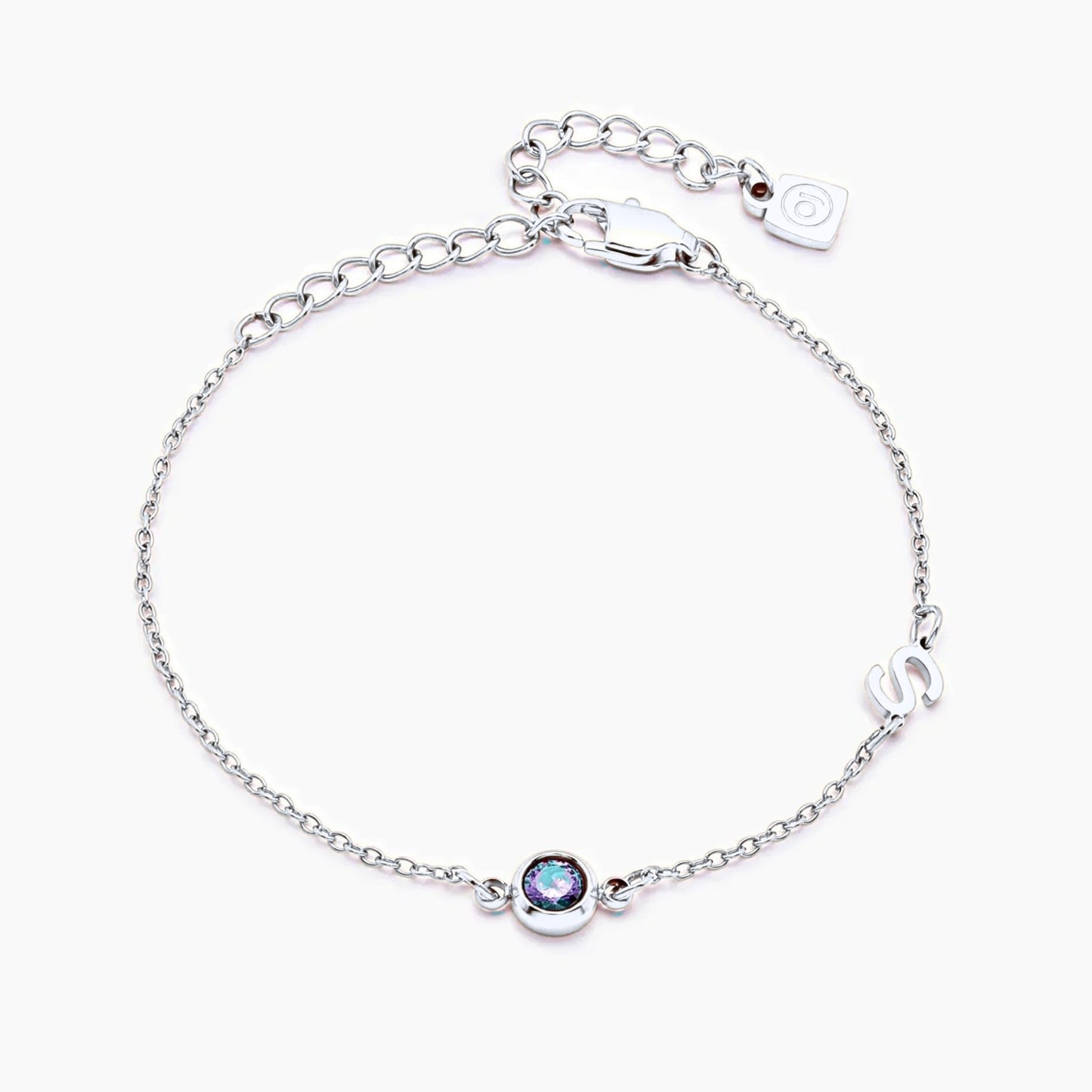 side-set-initial-birthstone-bracelet — Silver / Mar-Aquamarine