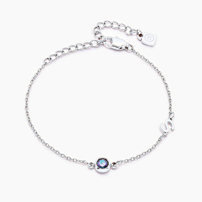 side-set-initial-birthstone-bracelet — Silver / Mar-Aquamarine