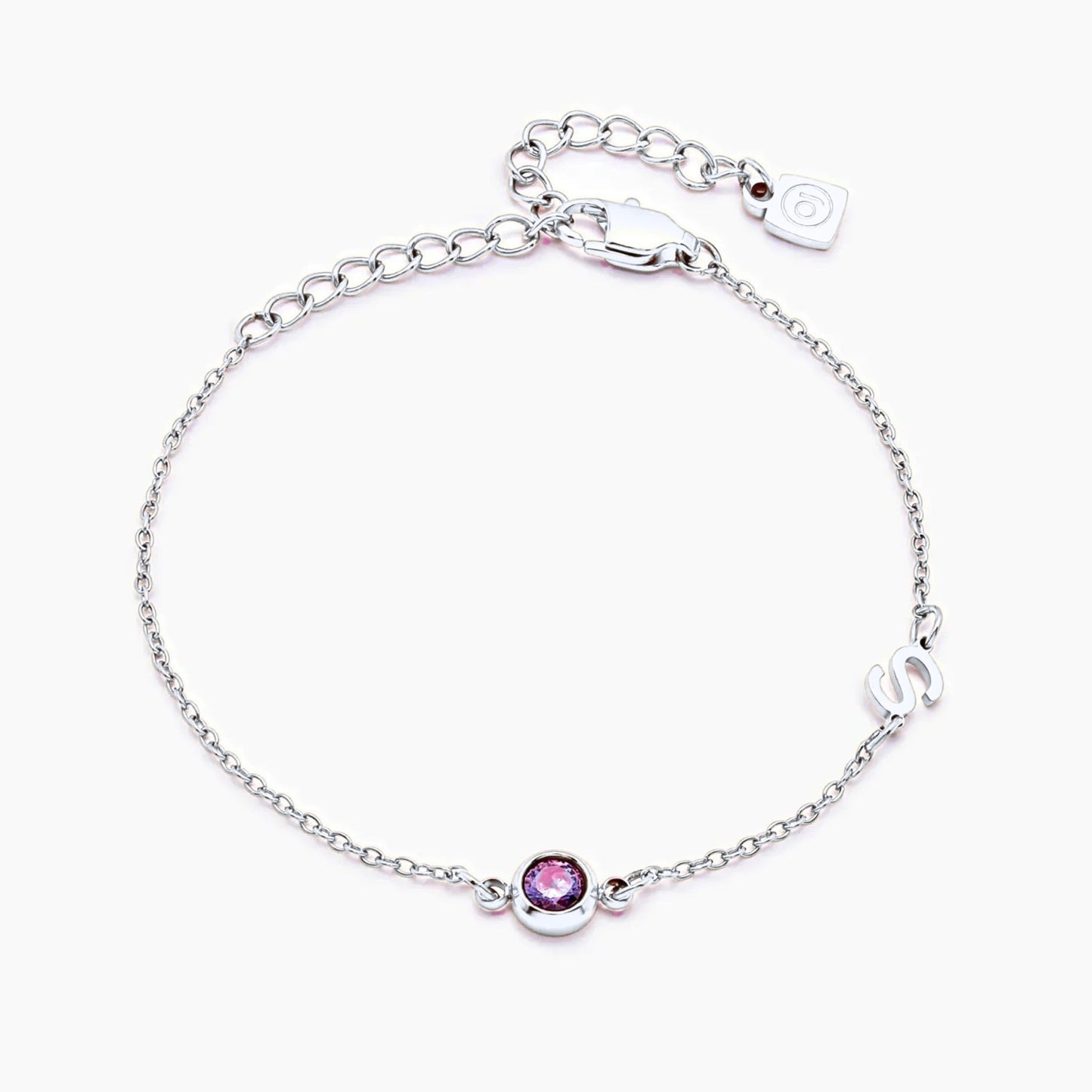 side-set-initial-birthstone-bracelet — Silver / Oct-Pink Tourmaline