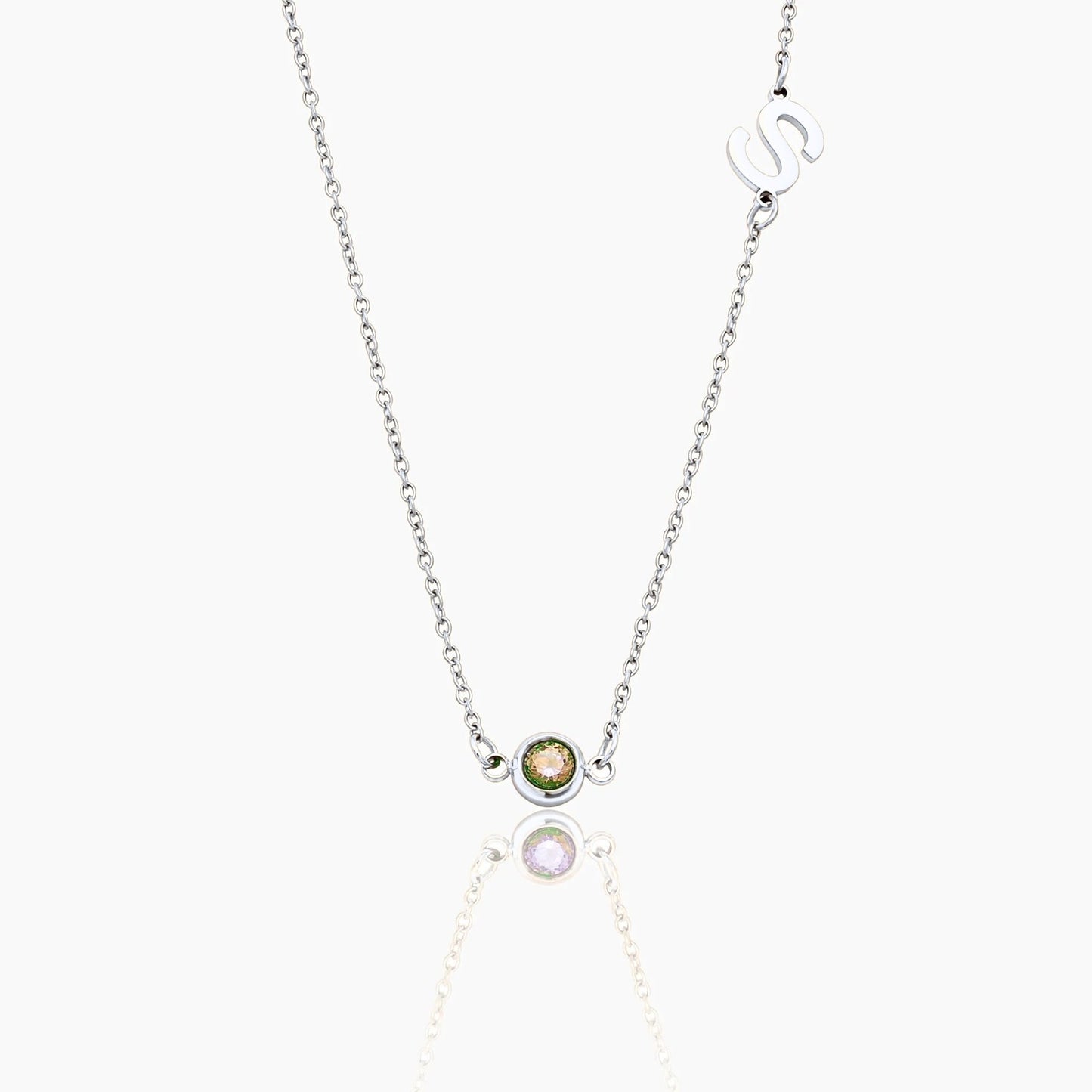 side-set-initial-birthstone-necklace — Silver / Aug-Peridot