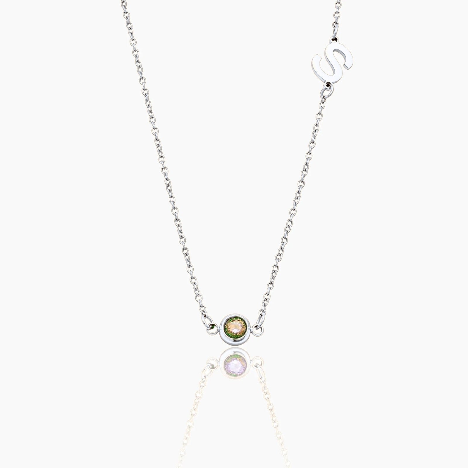 side-set-initial-birthstone-necklace — Silver / Aug-Peridot