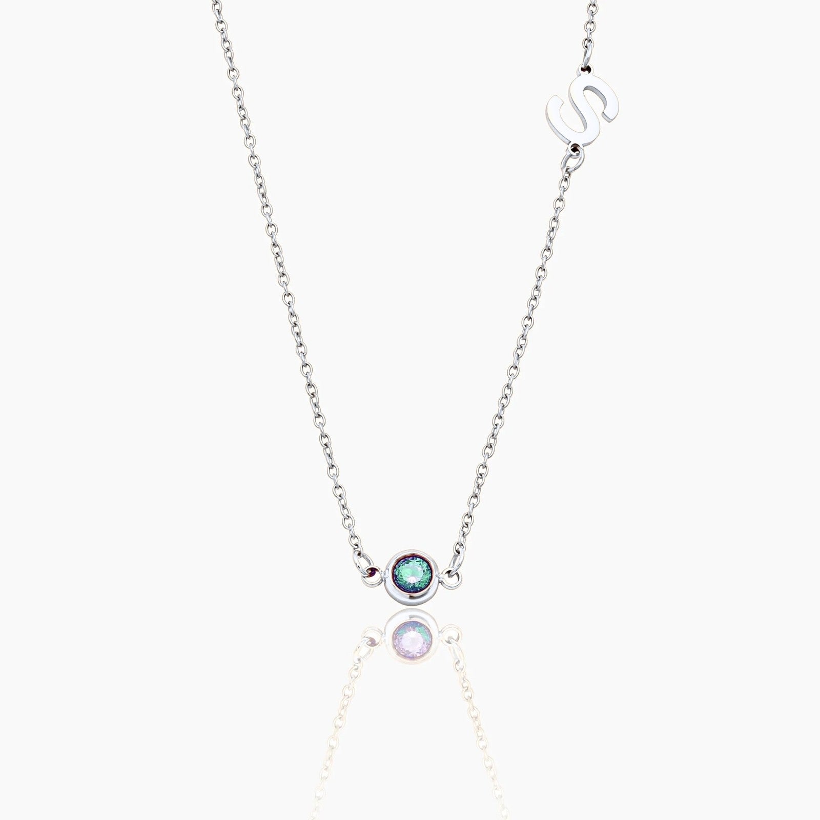side-set-initial-birthstone-necklace — Silver / Dec-Blue Topaz