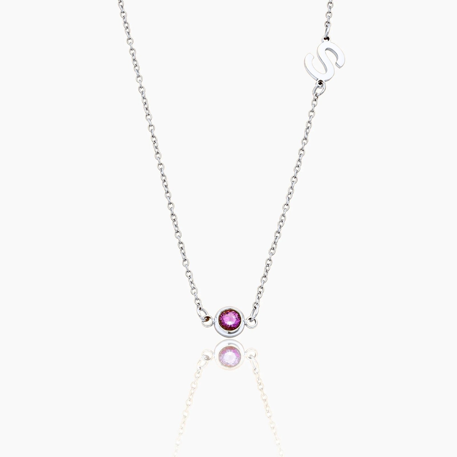 side-set-initial-birthstone-necklace — Silver / July-Ruby