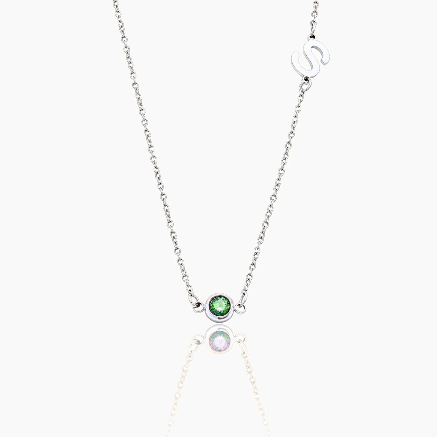 side-set-initial-birthstone-necklace — Silver / May-Emerald