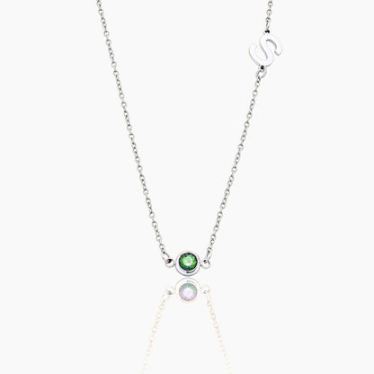 side-set-initial-birthstone-necklace — Silver / May-Emerald