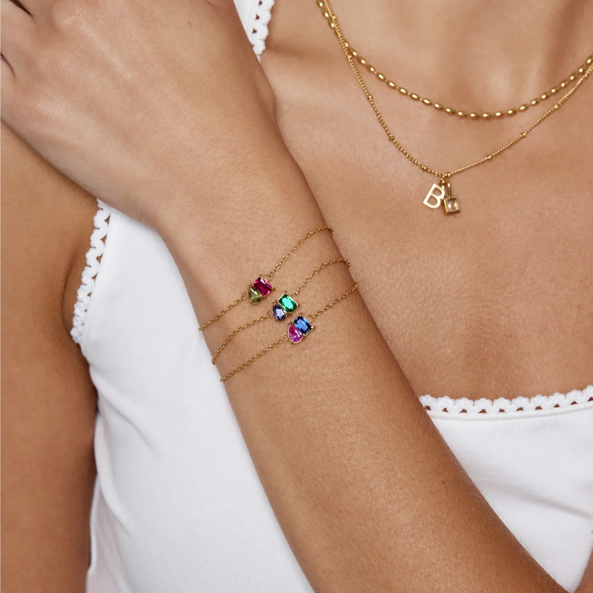 Silver duo birthstone bracelet detail shot — Olivia Jewelry